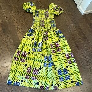 Women Puff Sleeve African Print Dresses V-Neck Dress High Slit elastic bodice